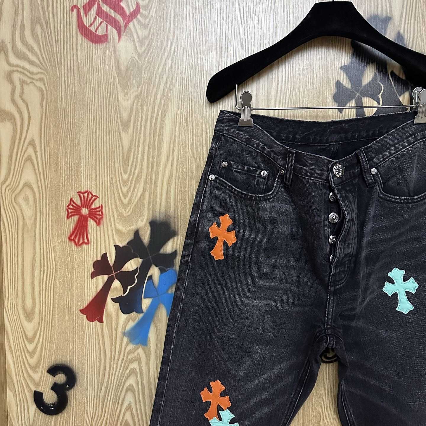 Chrome Hearts Levi's 501 Orange&Green Miami Cross Leather Patch Black Jeans - DopestKickz