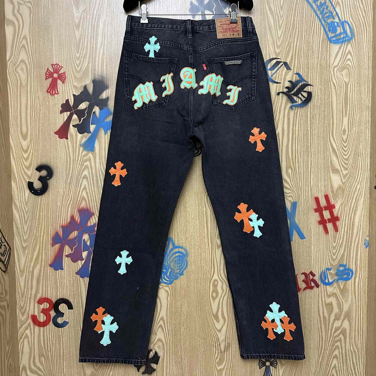 Chrome Hearts Levi's 501 Orange&Green Miami Cross Leather Patch Black Jeans - DopestKickz
