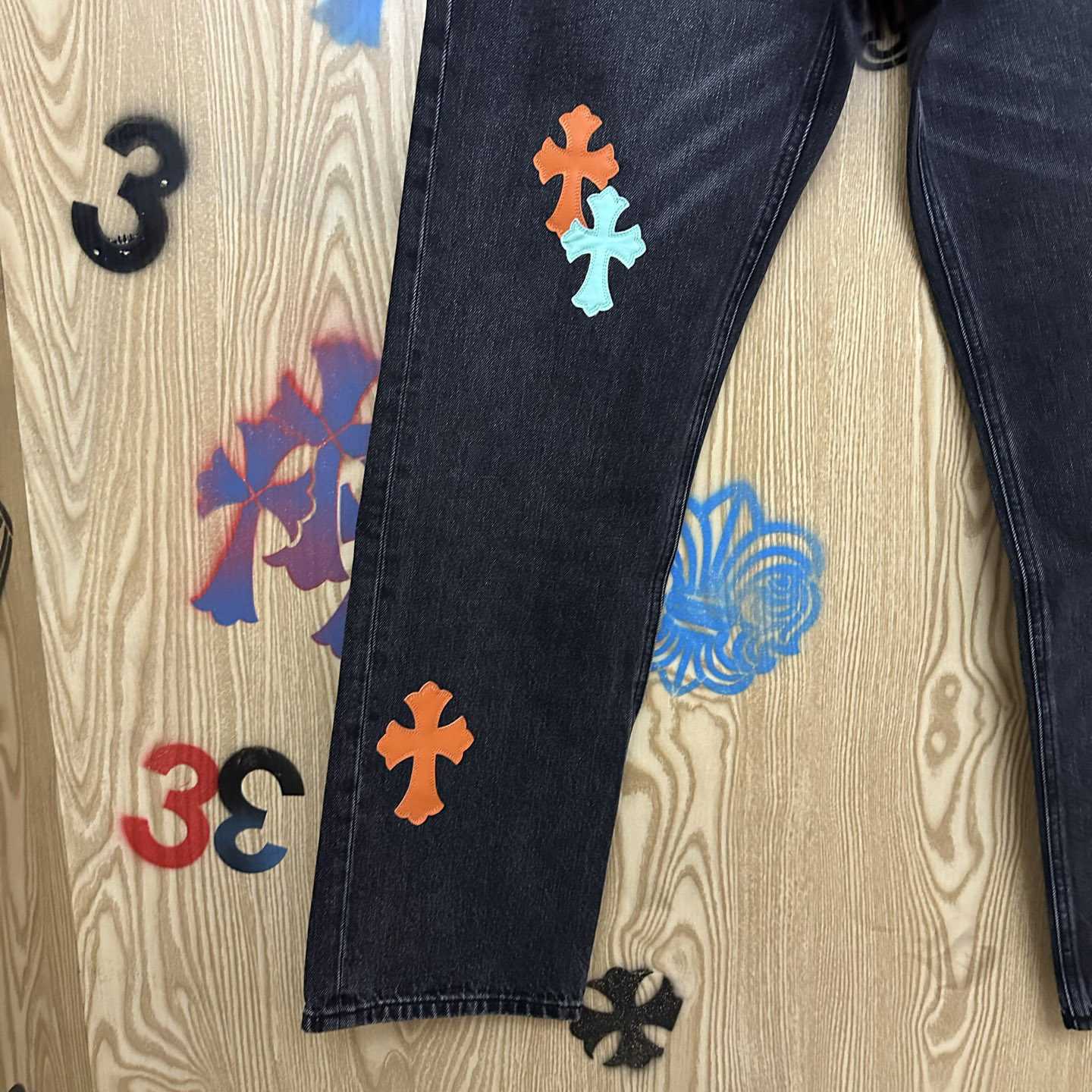 Chrome Hearts Levi's 501 Orange&Green Miami Cross Leather Patch Black Jeans - DopestKickz