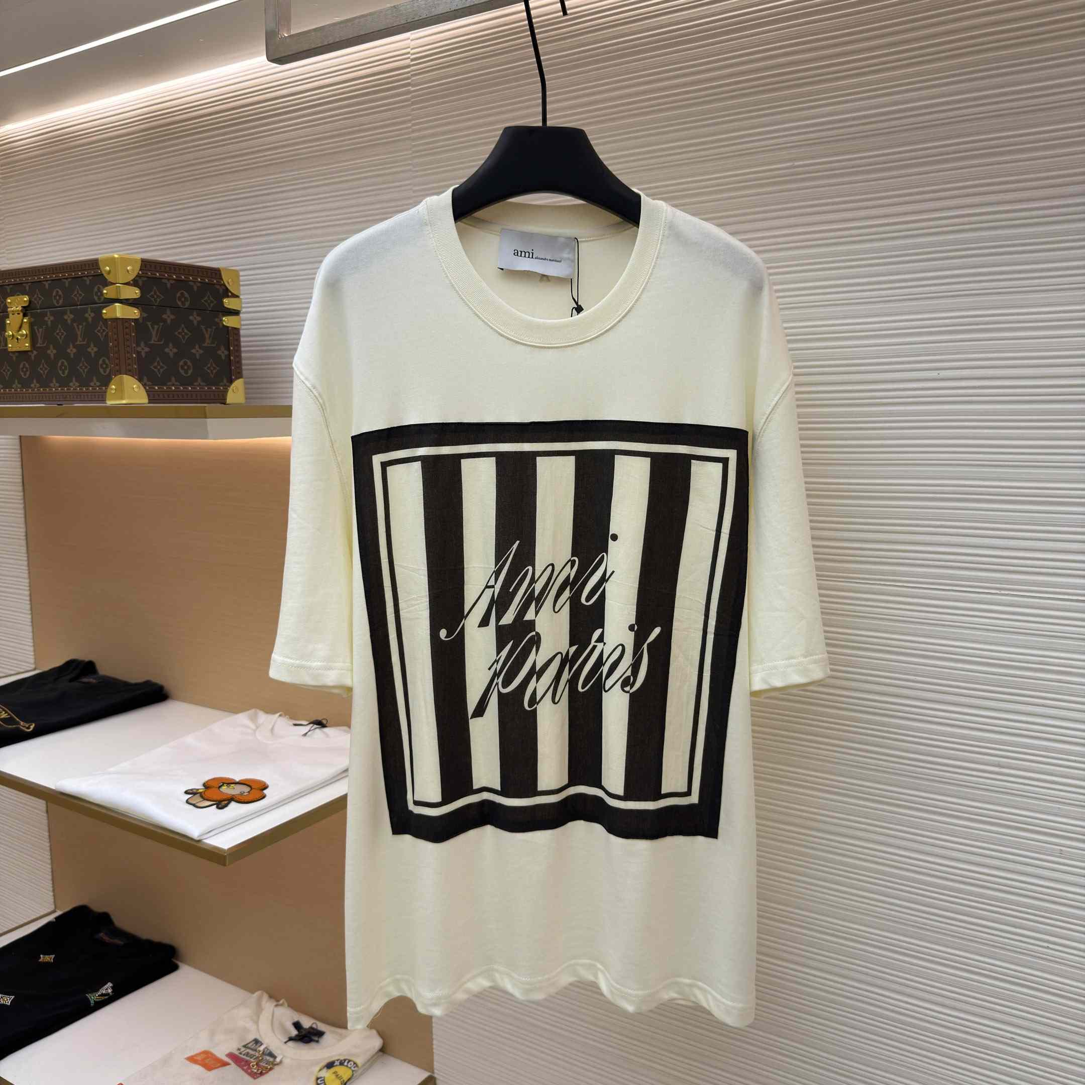 AMI Paris Logo-Print Striped-Patch T-shirt - DopestKickz