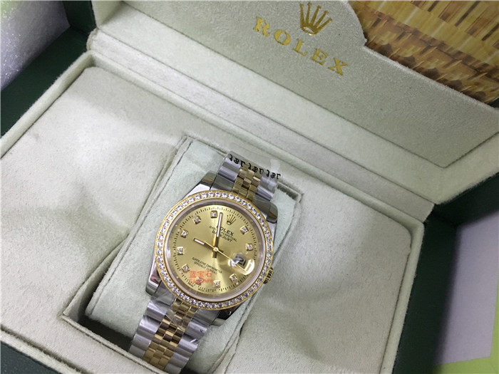 Rolex High Quality Datejust Stainless Steel and Jubille Bracelet Champagne Diamond Dial Full Diamond Bezel Watch - DopestKickz