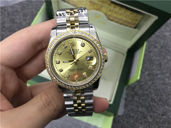 Rolex High Quality Datejust Stainless Steel and Jubille Bracelet Champagne Diamond Dial Full Diamond Bezel Watch - DopestKickz