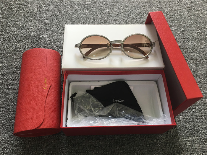 Cartier 7550178 57-22 Full Diamond Wood Sunglasses In Silver Brown - DopestKickz