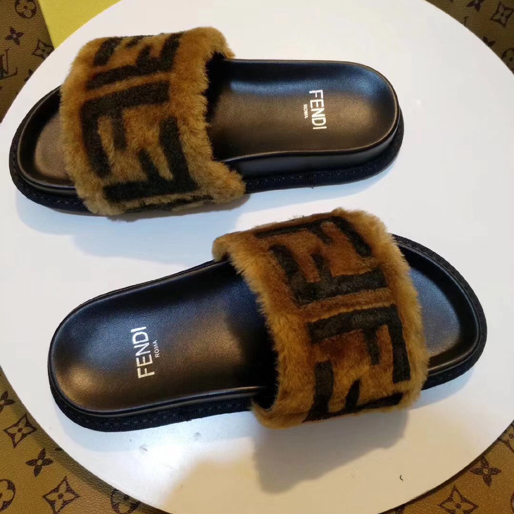 Fendi Brown Leather And Sheepskin Slides - DopestKickz