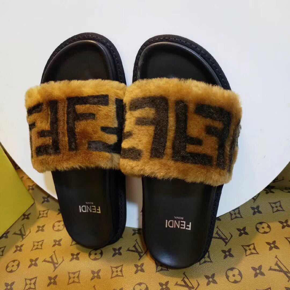 Fendi Brown Leather And Sheepskin Slides - DopestKickz