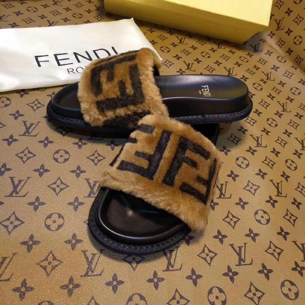 Fendi Brown Leather And Sheepskin Slides - DopestKickz