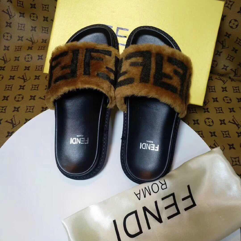 Fendi Brown Leather And Sheepskin Slides - DopestKickz