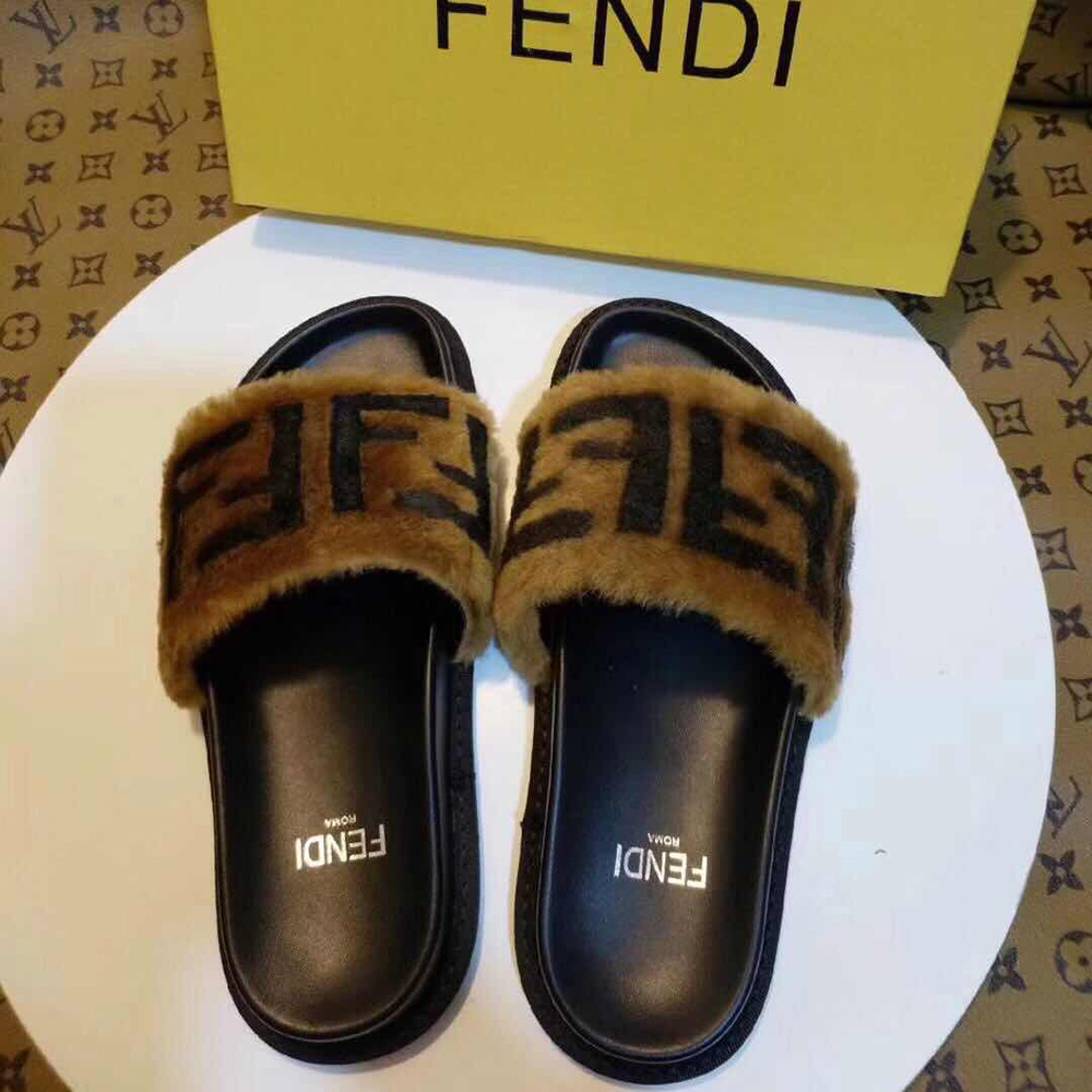 Fendi Brown Leather And Sheepskin Slides - DopestKickz