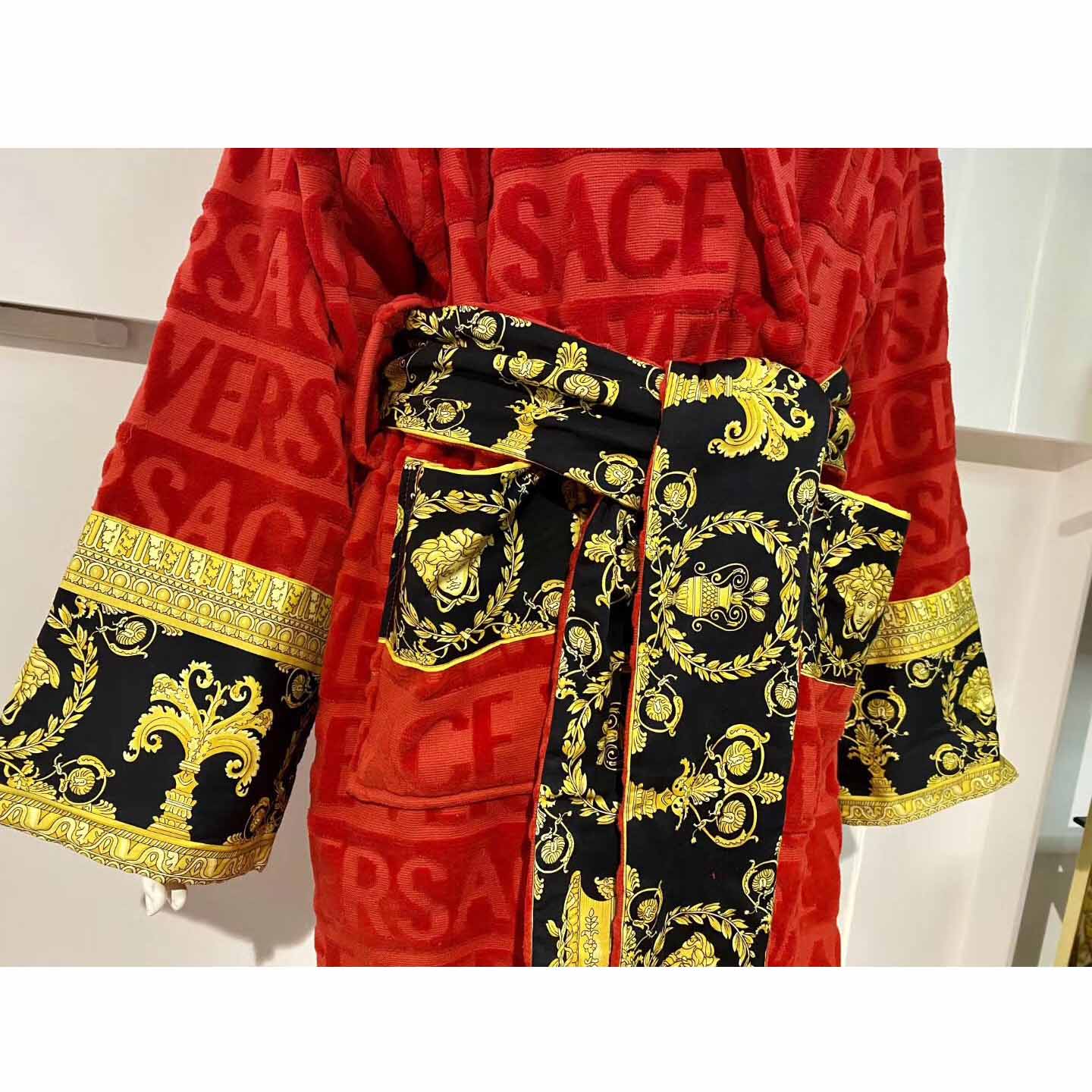 Versace Baroque Logo Jacquard Red Bathrobe - DopestKickz