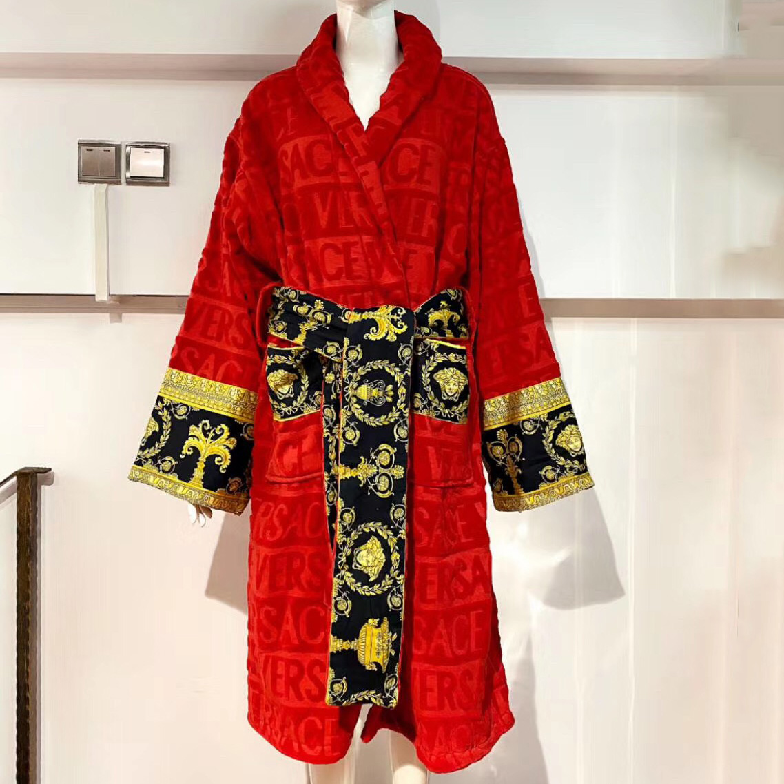 Versace Baroque Logo Jacquard Red Bathrobe - DopestKickz