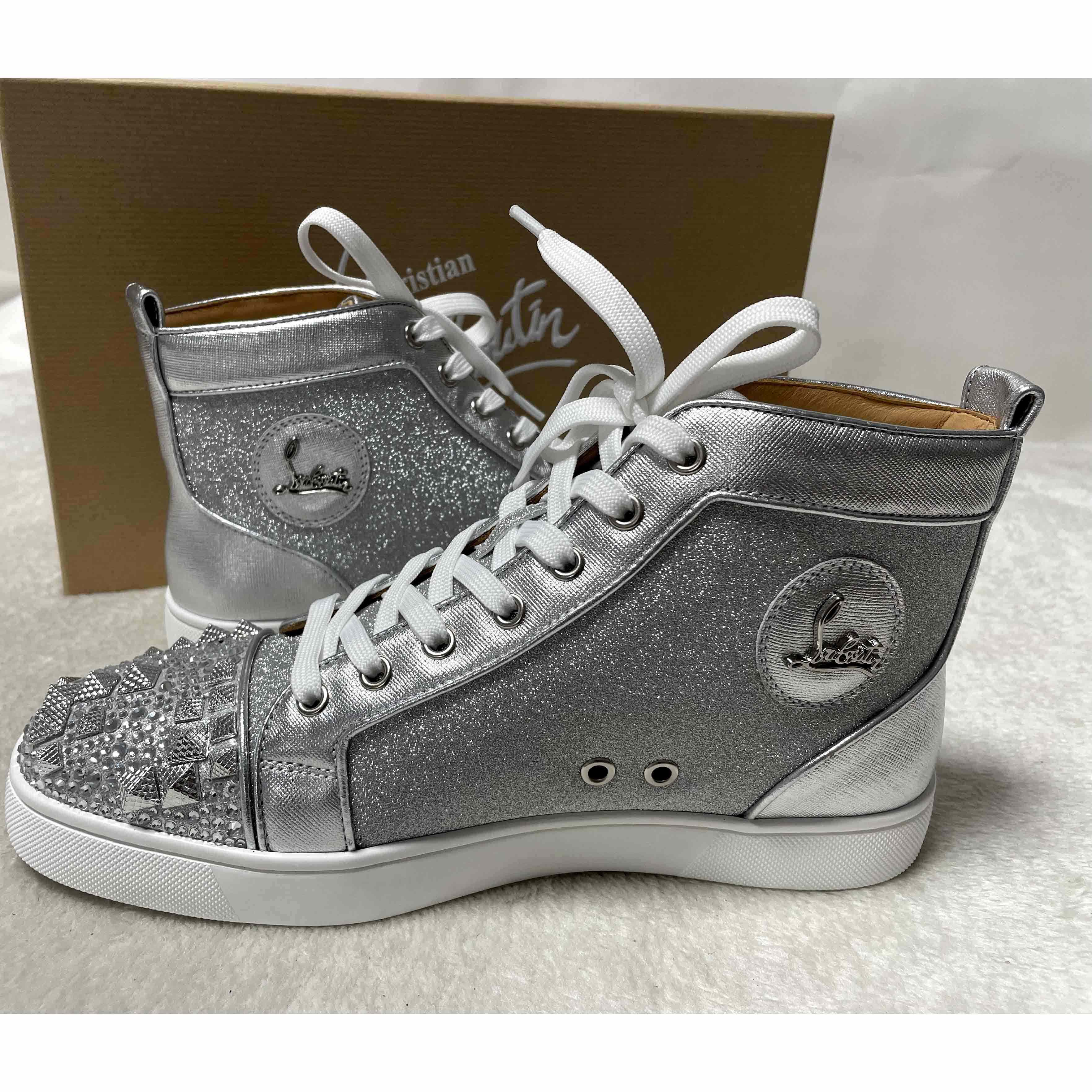 Christian Louboutin Men's Studded Metallic Leather High-Top Sneakers - DopestKickz