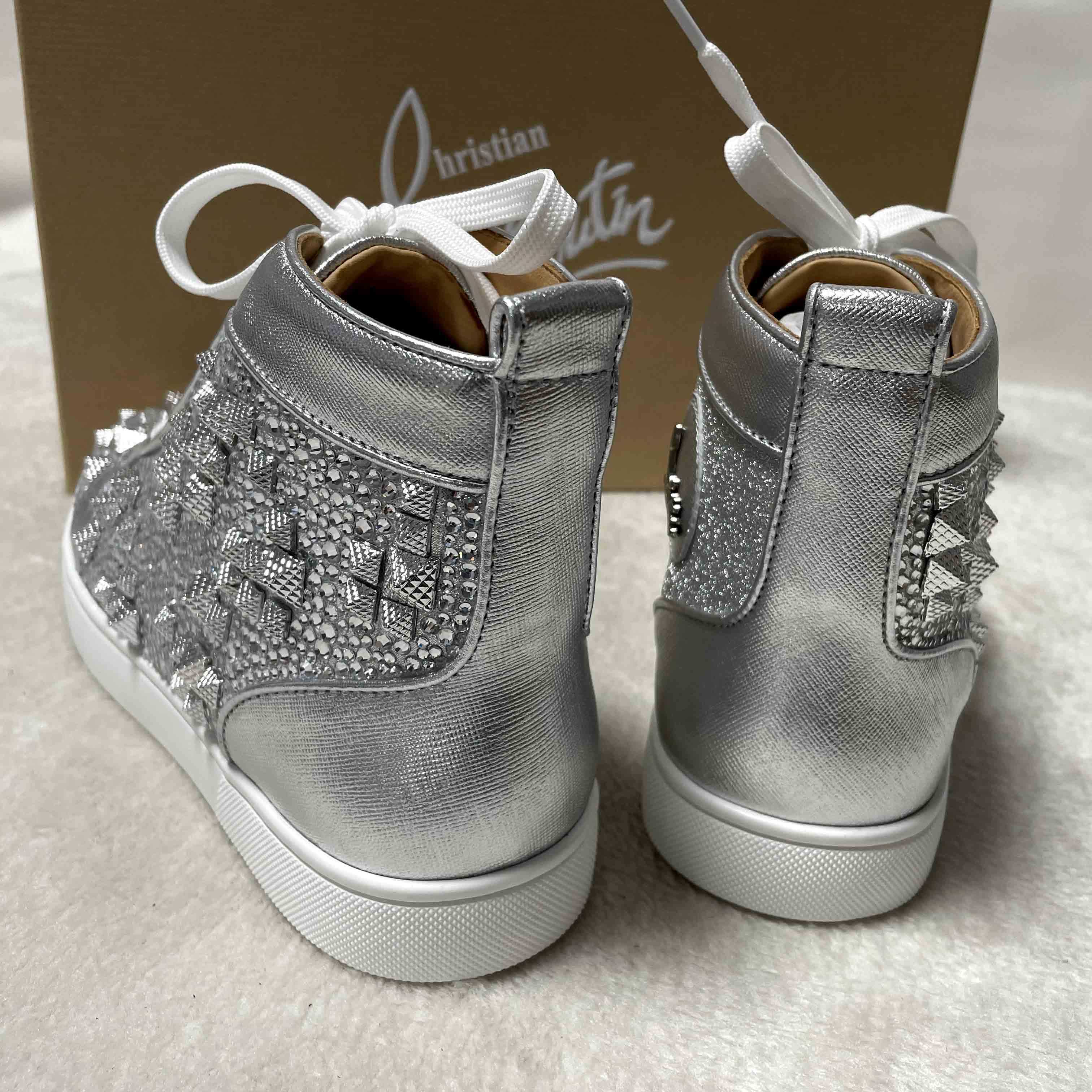 Christian Louboutin Men's Studded Metallic Leather High-Top Sneakers - DopestKickz