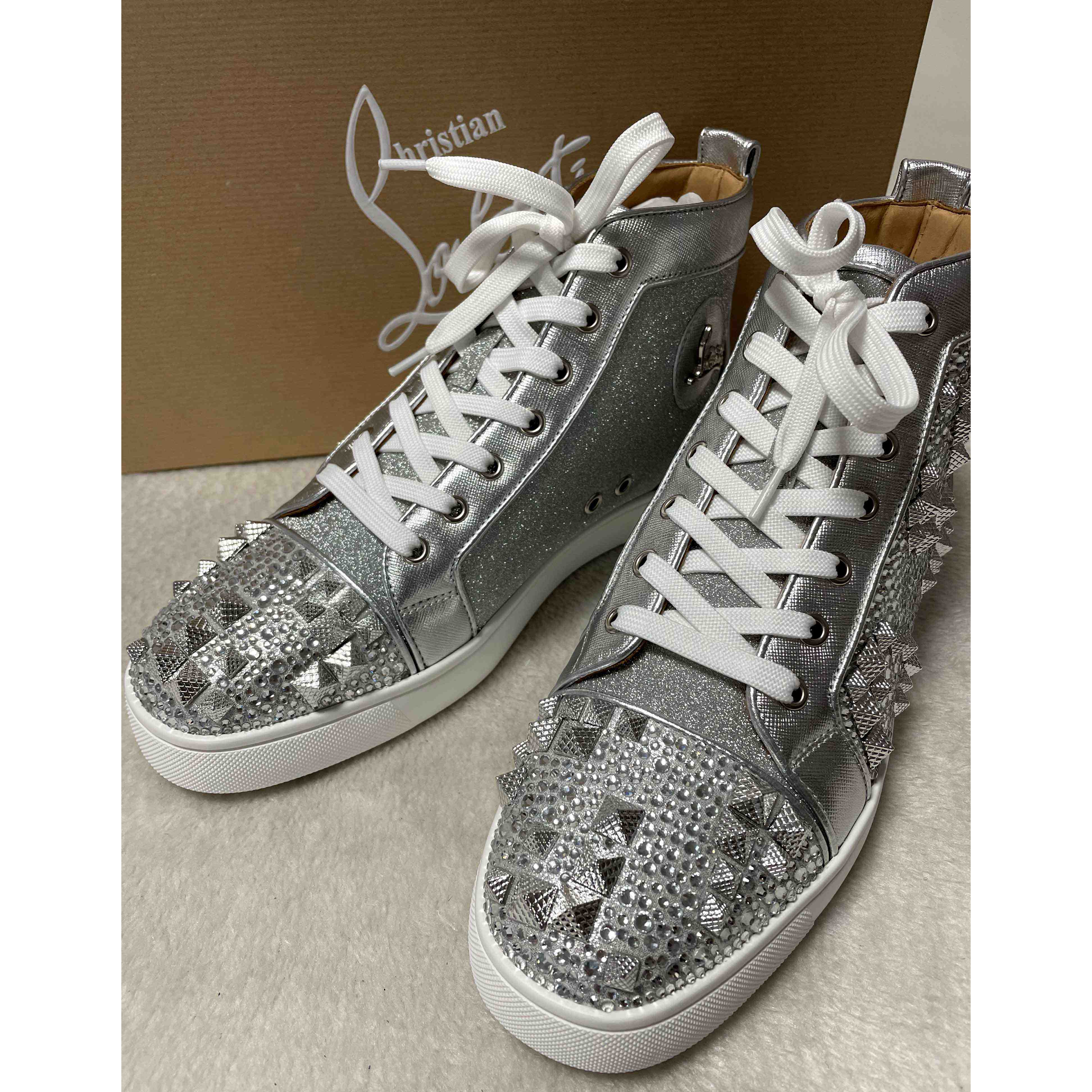 Christian Louboutin Men's Studded Metallic Leather High-Top Sneakers - DopestKickz