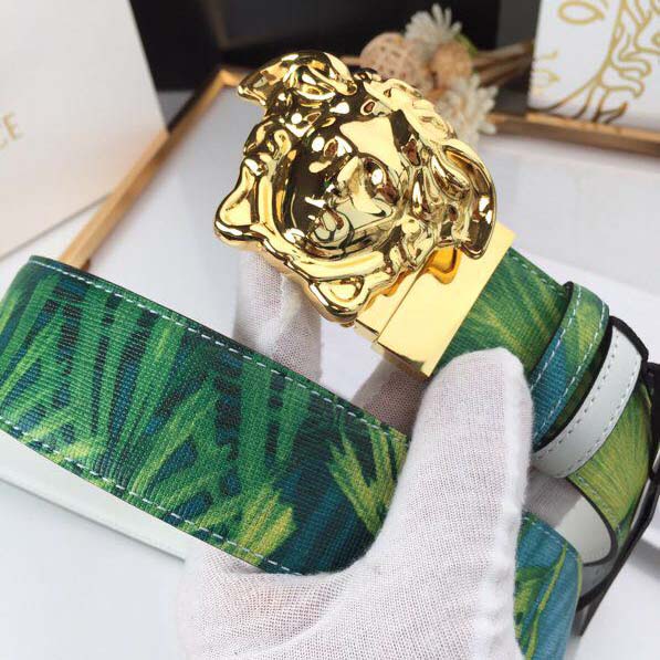 Versace Head Leather Green Belt With Gold Buckle - DopestKickz