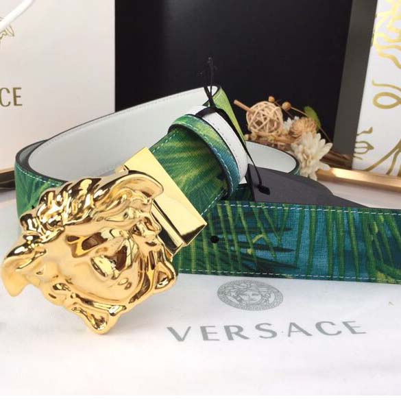 Versace Head Leather Green Belt With Gold Buckle - DopestKickz