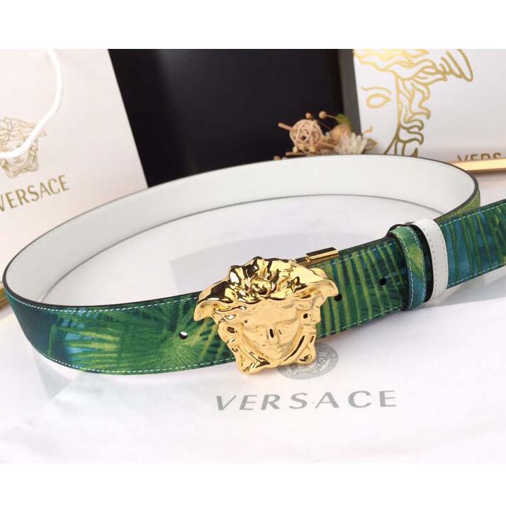Versace Head Leather Green Belt With Gold Buckle - DopestKickz