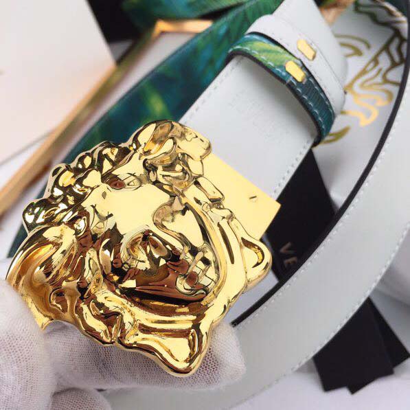 Versace Head Leather Green Belt With Gold Buckle - DopestKickz