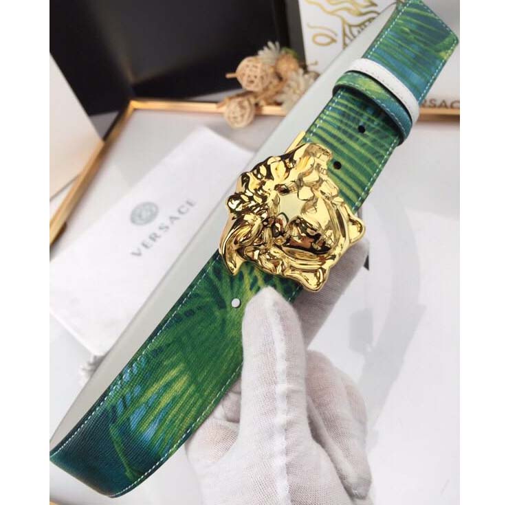 Versace Head Leather Green Belt With Gold Buckle - DopestKickz