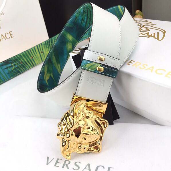 Versace Head Leather Green Belt With Gold Buckle - DopestKickz