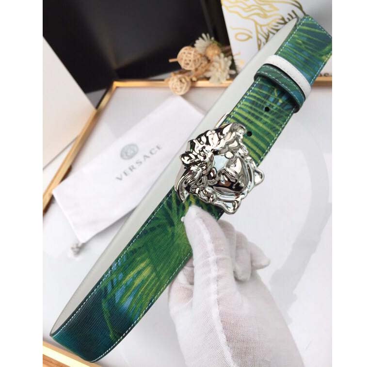 Versace Head Leather Green Belt With Silver Buckle - DopestKickz