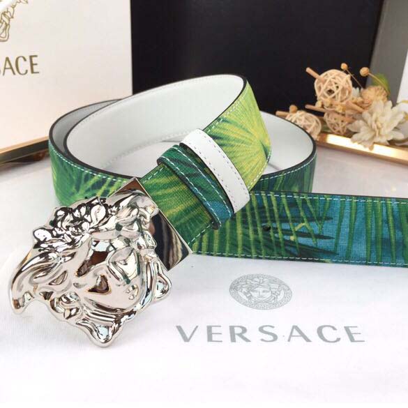 Versace Head Leather Green Belt With Silver Buckle - DopestKickz