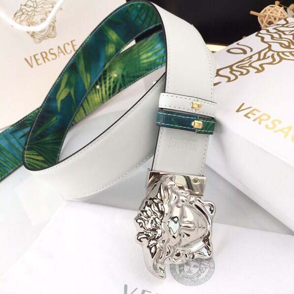 Versace Head Leather Green Belt With Silver Buckle - DopestKickz