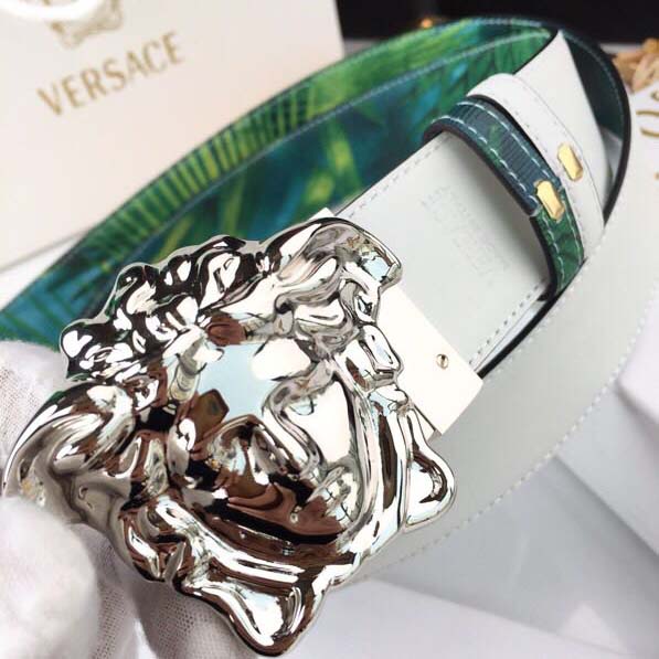 Versace Head Leather Green Belt With Silver Buckle - DopestKickz