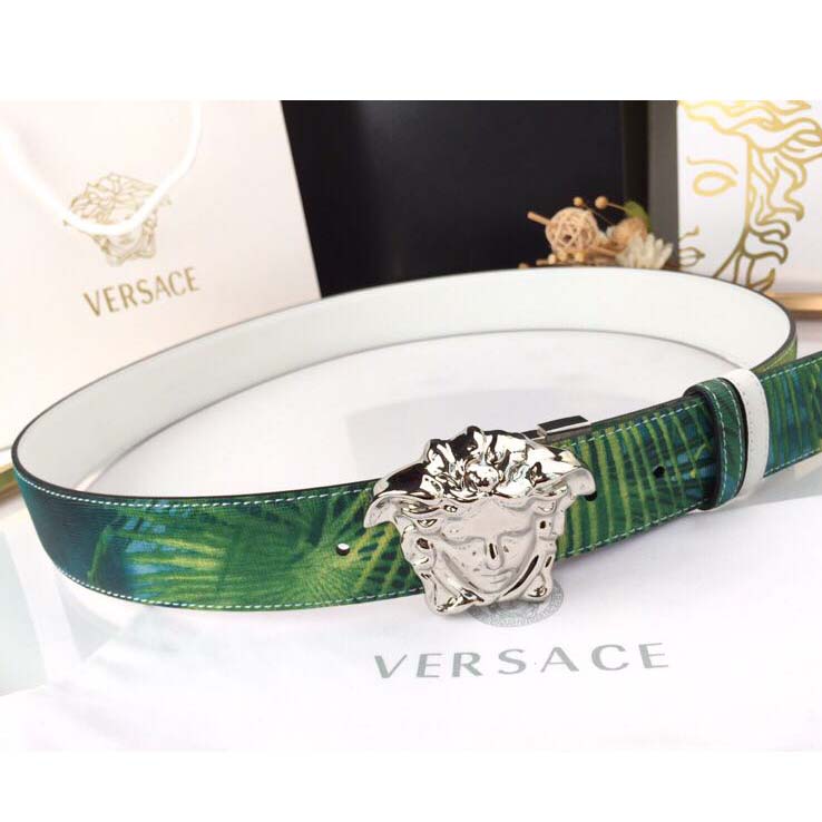 Versace Head Leather Green Belt With Silver Buckle - DopestKickz