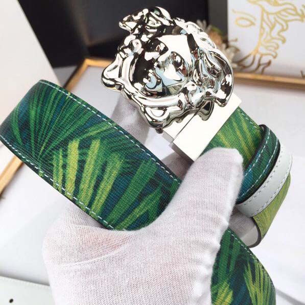 Versace Head Leather Green Belt With Silver Buckle - DopestKickz
