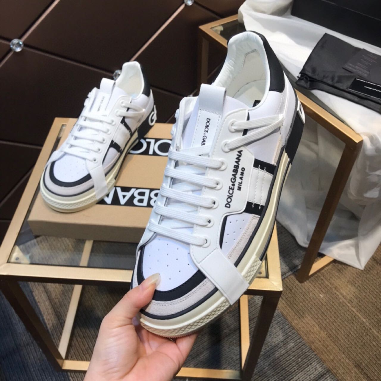 Dolce & Gabbana Calfskin 2Zero custom Sneakers In White/Black - DopestKickz