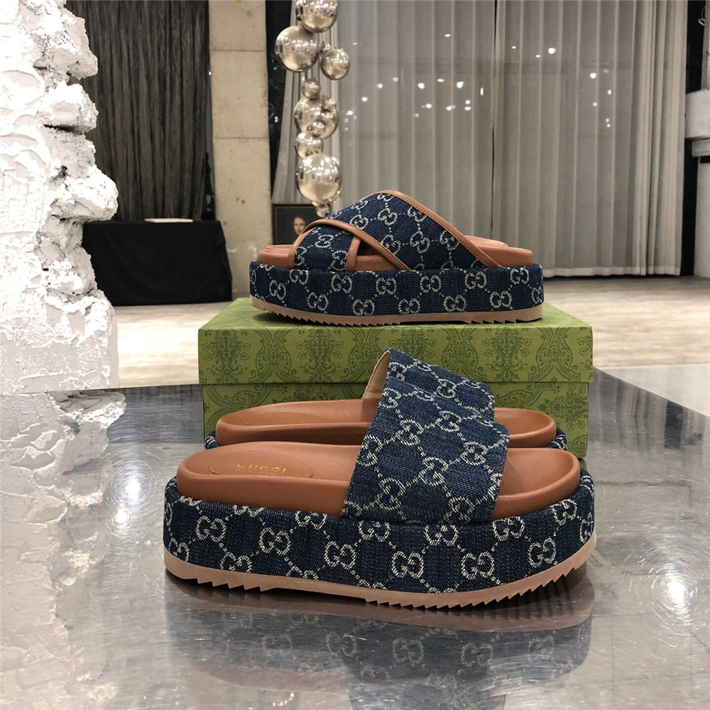 Gucci Women's Platform Slide Sandal(Blue and Ivory) - DopestKickz