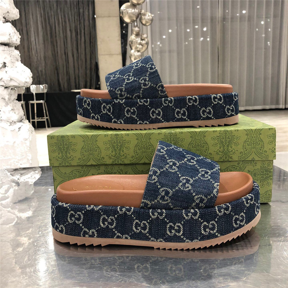 Gucci Women's Platform Slide Sandal(Blue and Ivory) - DopestKickz