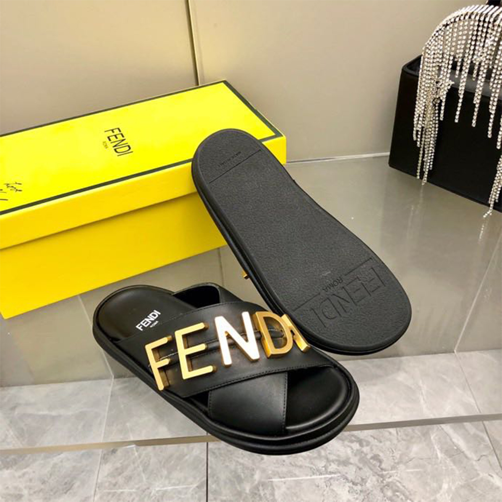 Fendi Graphy Black Leather Slides - DopestKickz