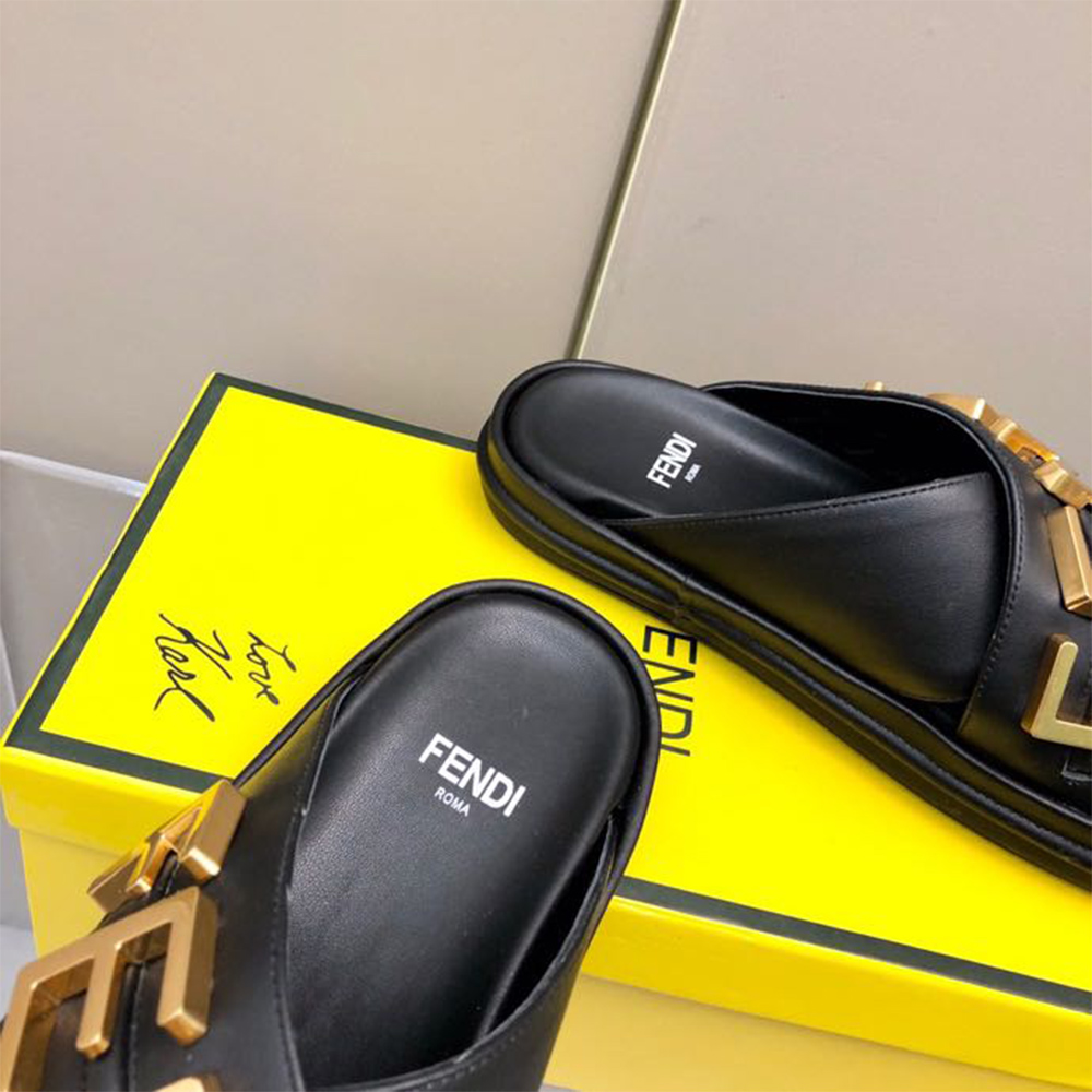 Fendi Graphy Black Leather Slides - DopestKickz