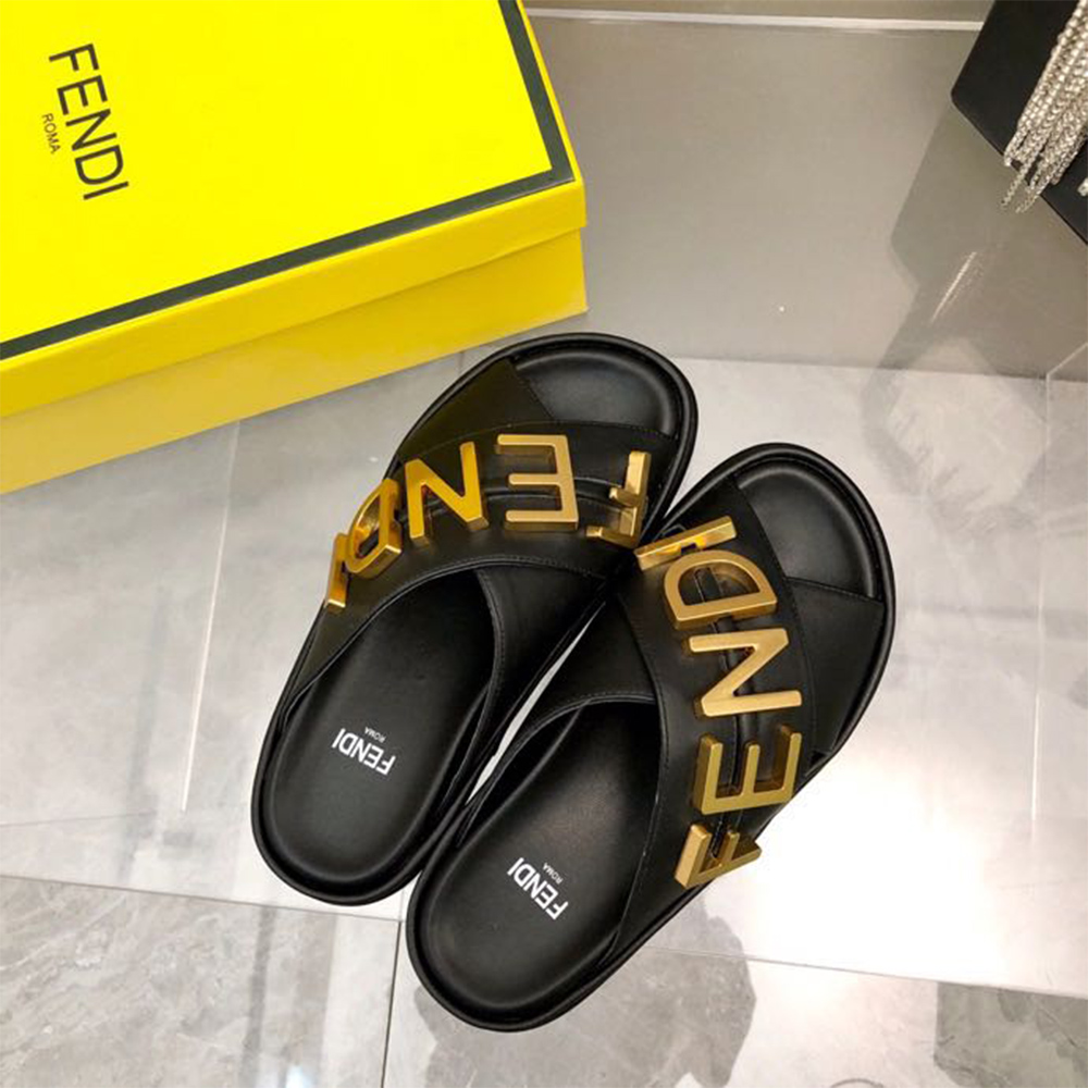 Fendi Graphy Black Leather Slides - DopestKickz