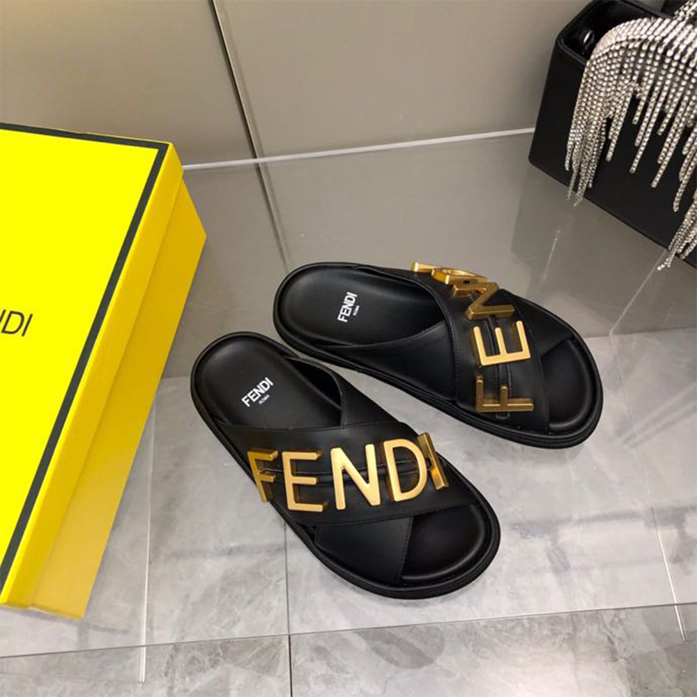 Fendi Graphy Black Leather Slides - DopestKickz