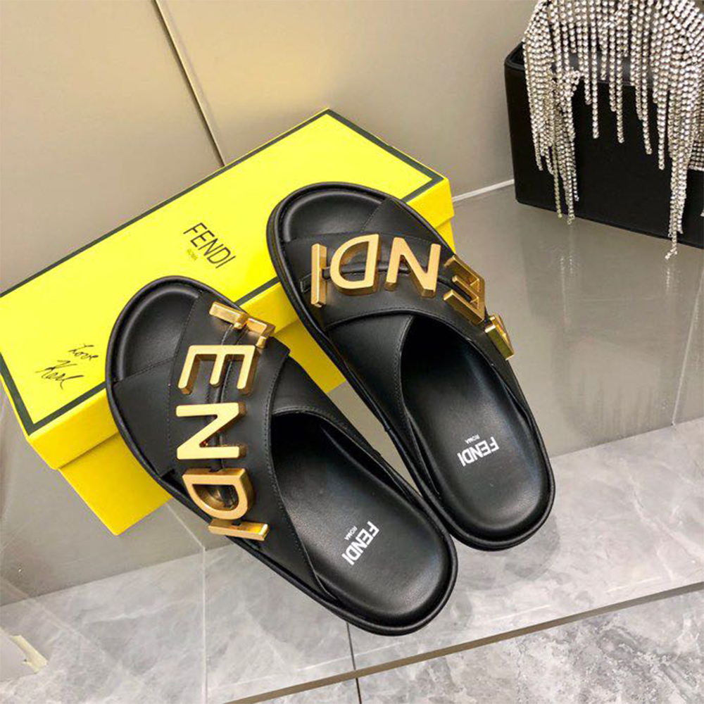 Fendi Graphy Black Leather Slides - DopestKickz