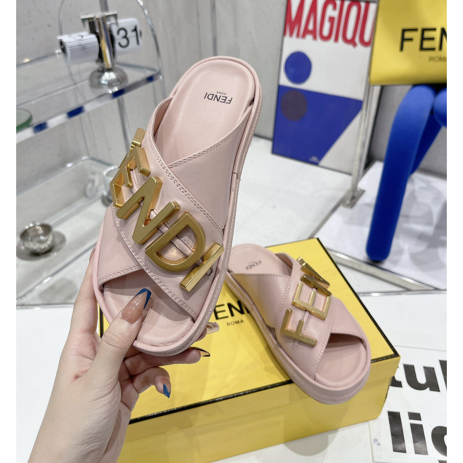 Fendi Graphy Pink Leather Slides - DopestKickz