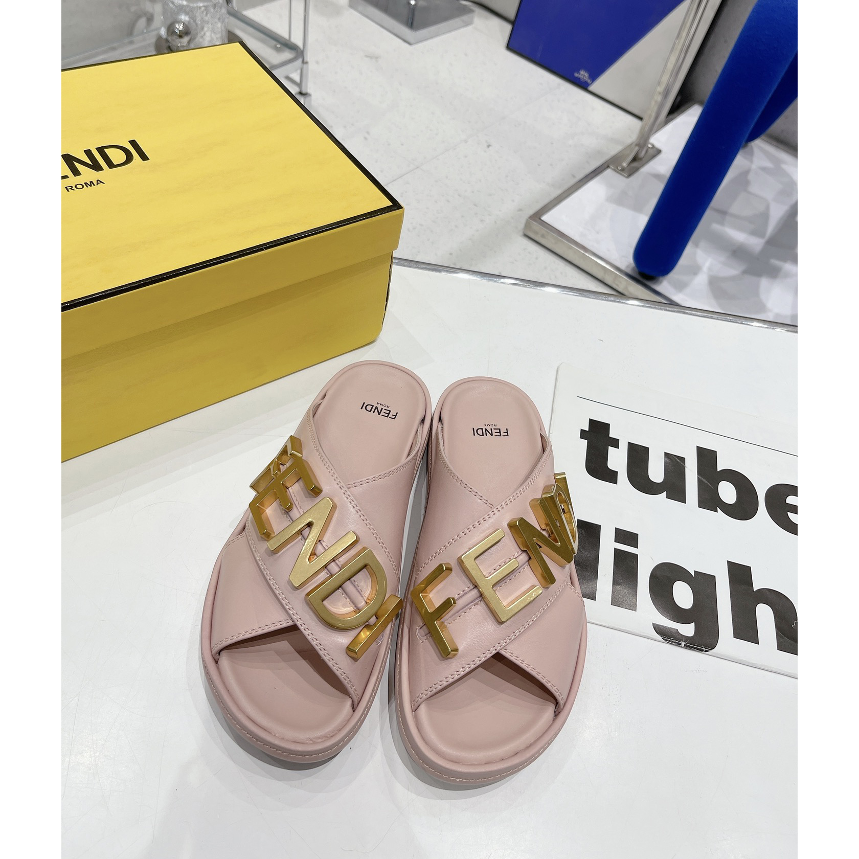 Fendi Graphy Pink Leather Slides - DopestKickz