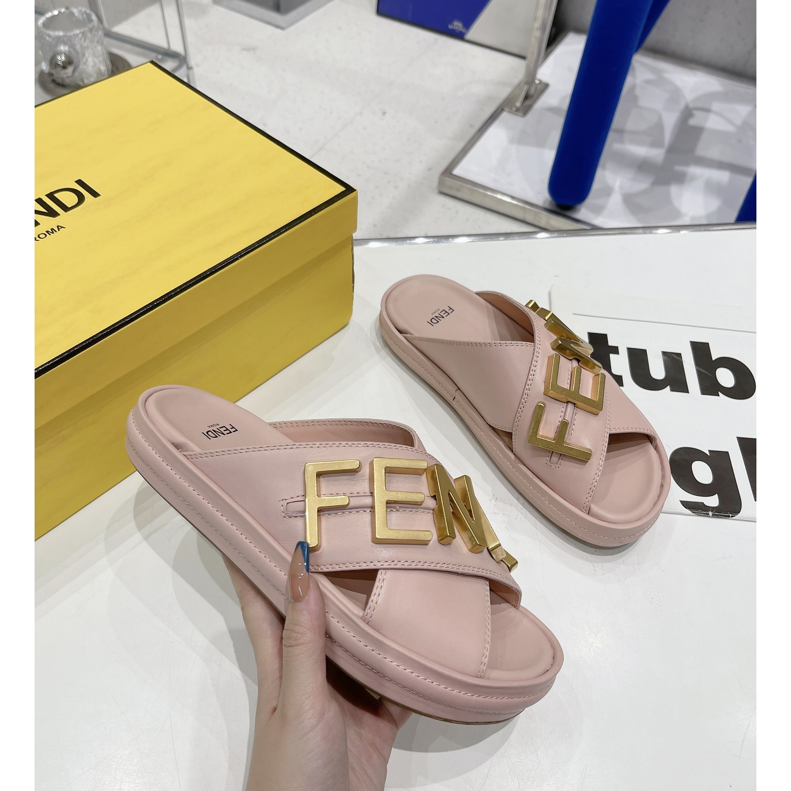 Fendi Graphy Pink Leather Slides - DopestKickz