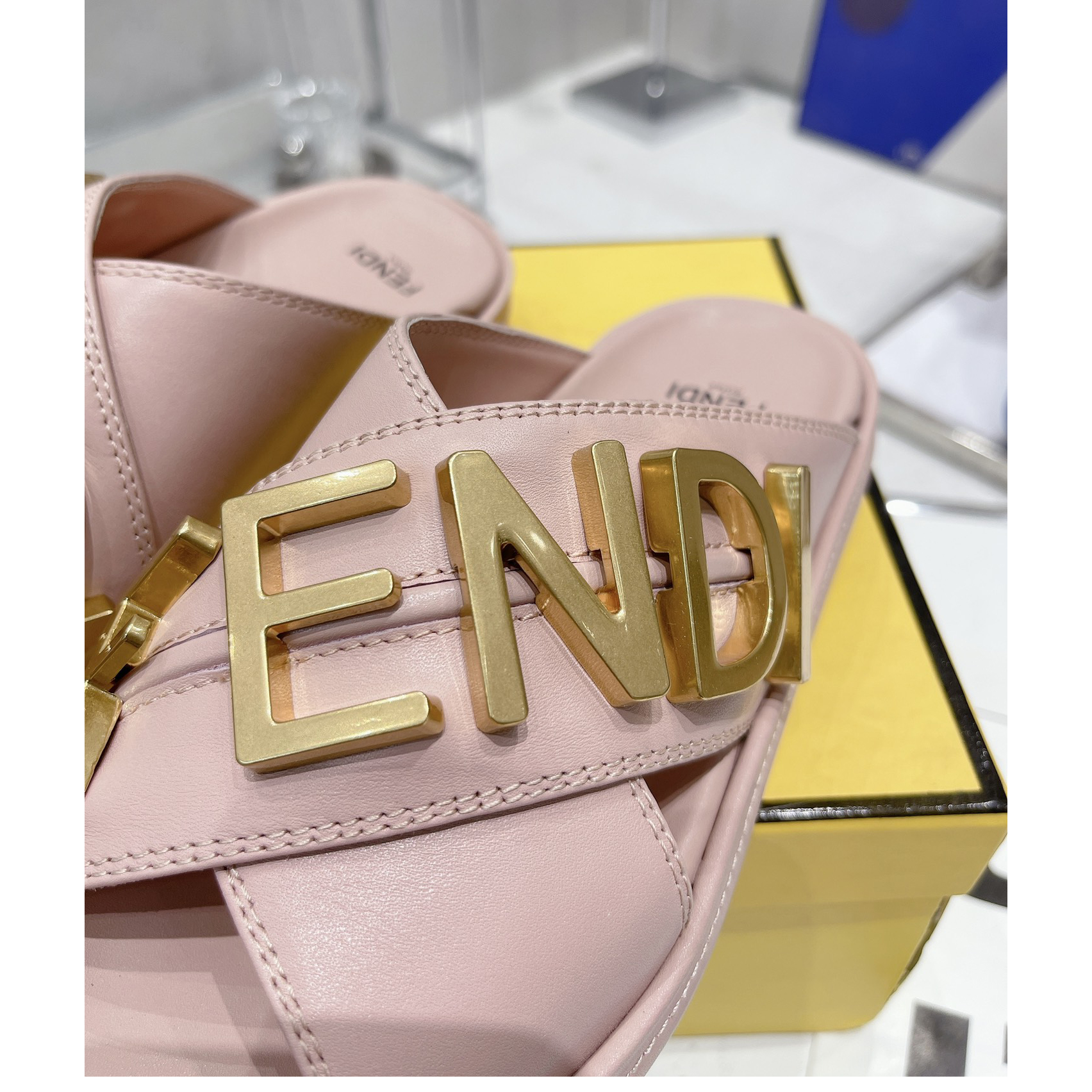 Fendi Graphy Pink Leather Slides - DopestKickz