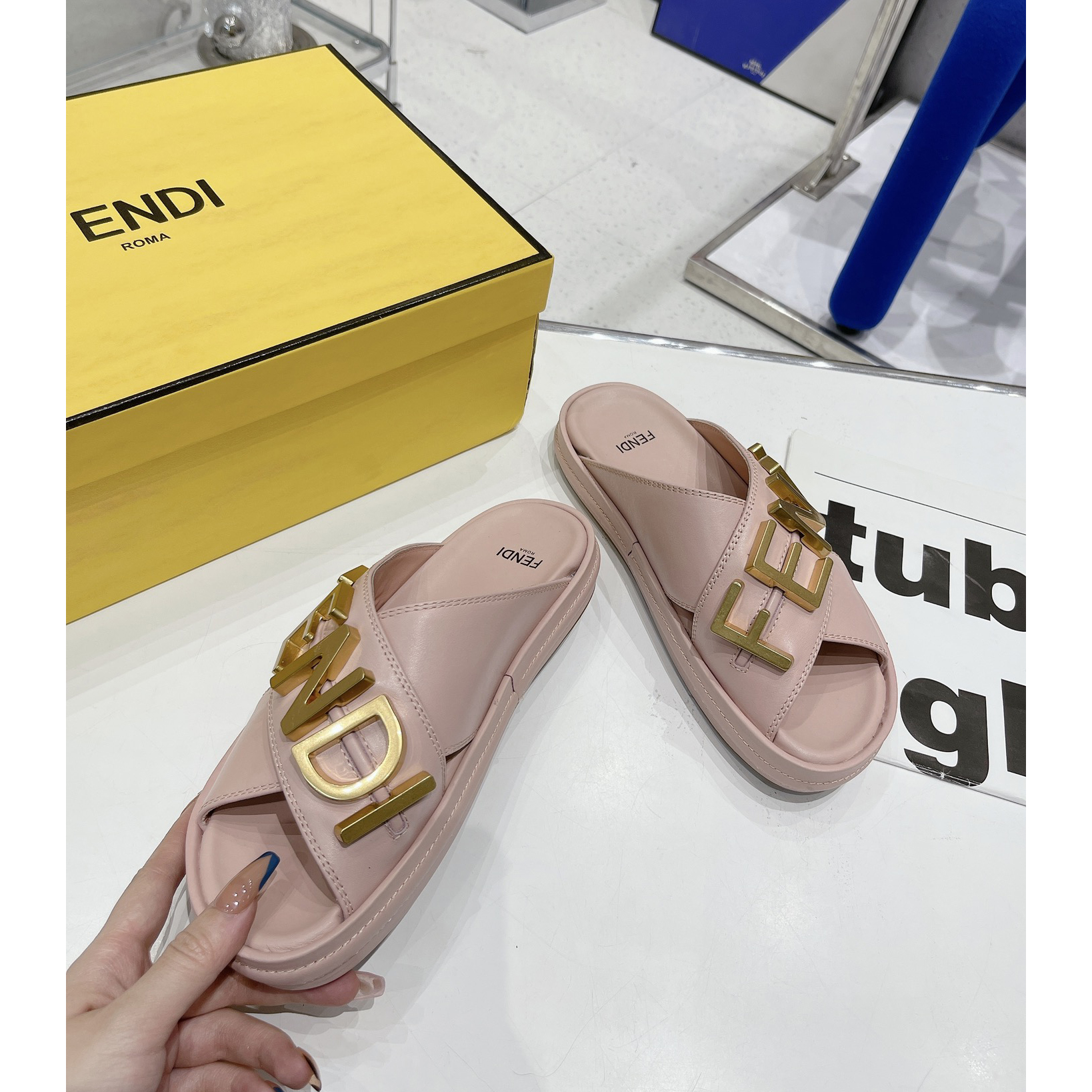 Fendi Graphy Pink Leather Slides - DopestKickz