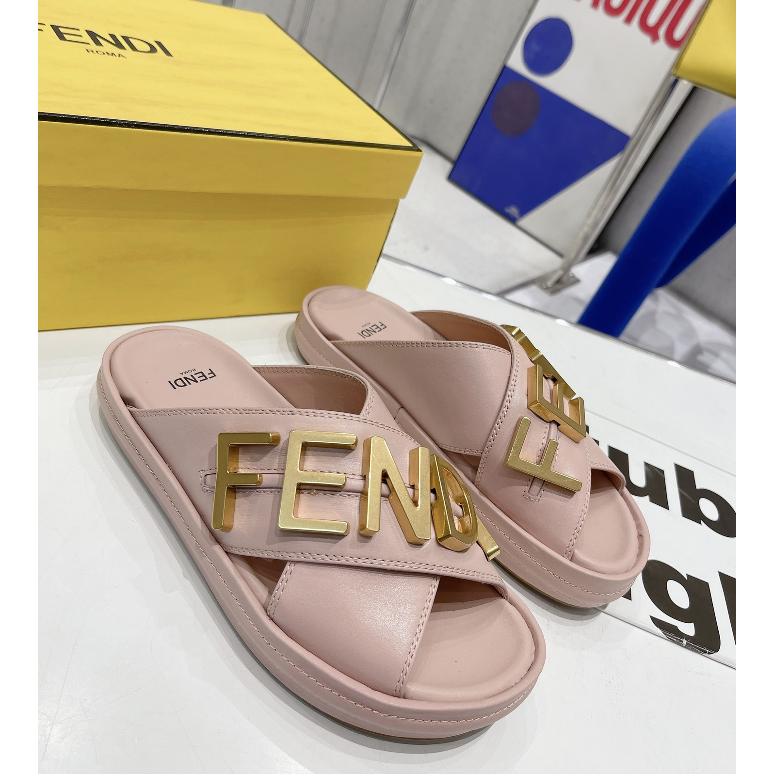 Fendi Graphy Pink Leather Slides - DopestKickz