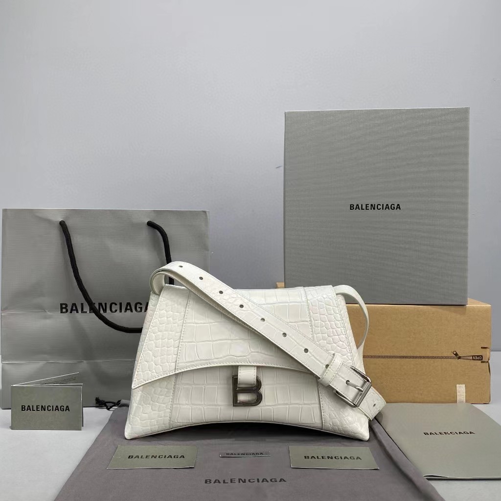 Balenciaga Women's Downtown Small Shoulder Bag Crocodile Embossed In White（29-18-10CM） - DopestKickz