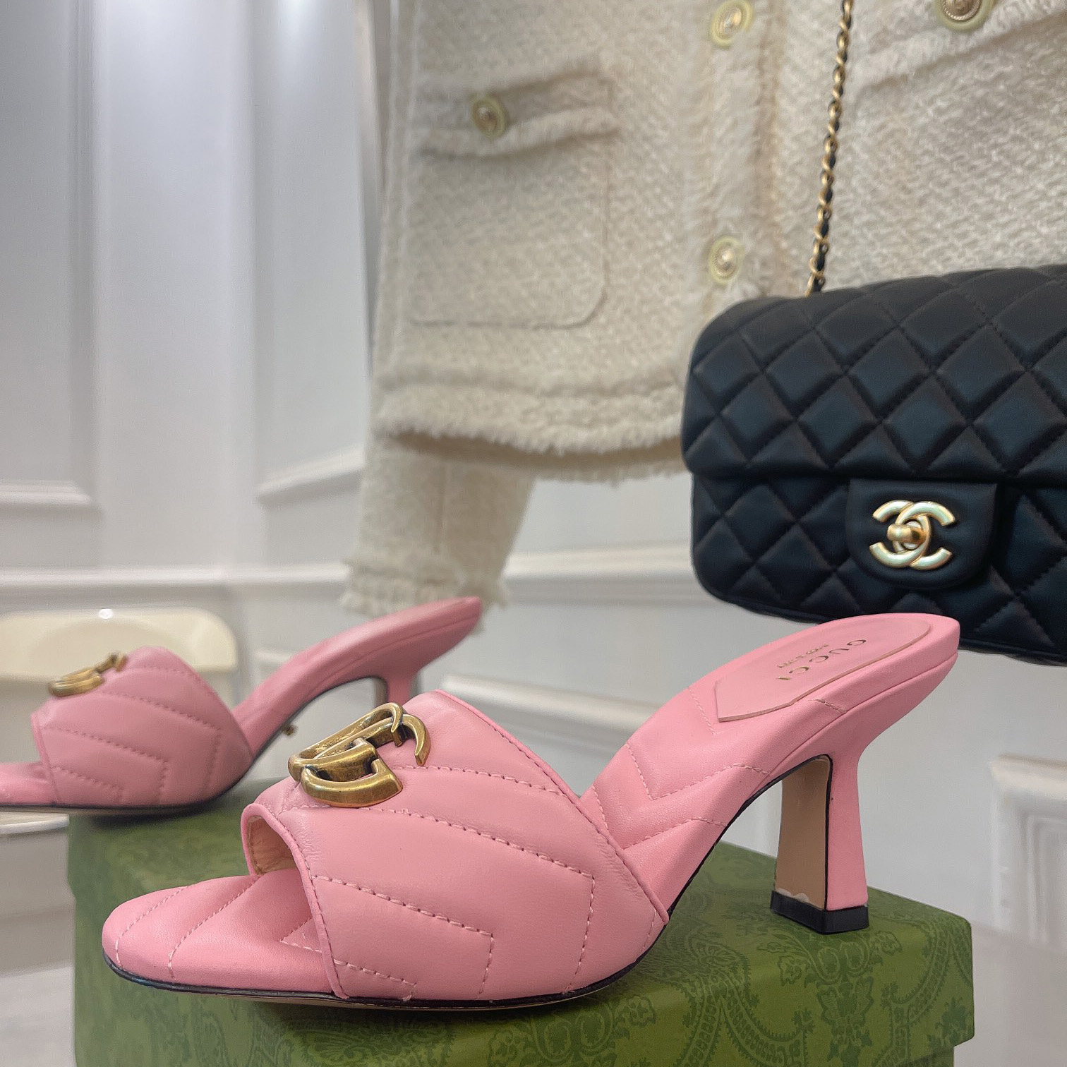 Gucci Women's Double G Slide Sandal With Heel Height Of 7.5cm - DopestKickz