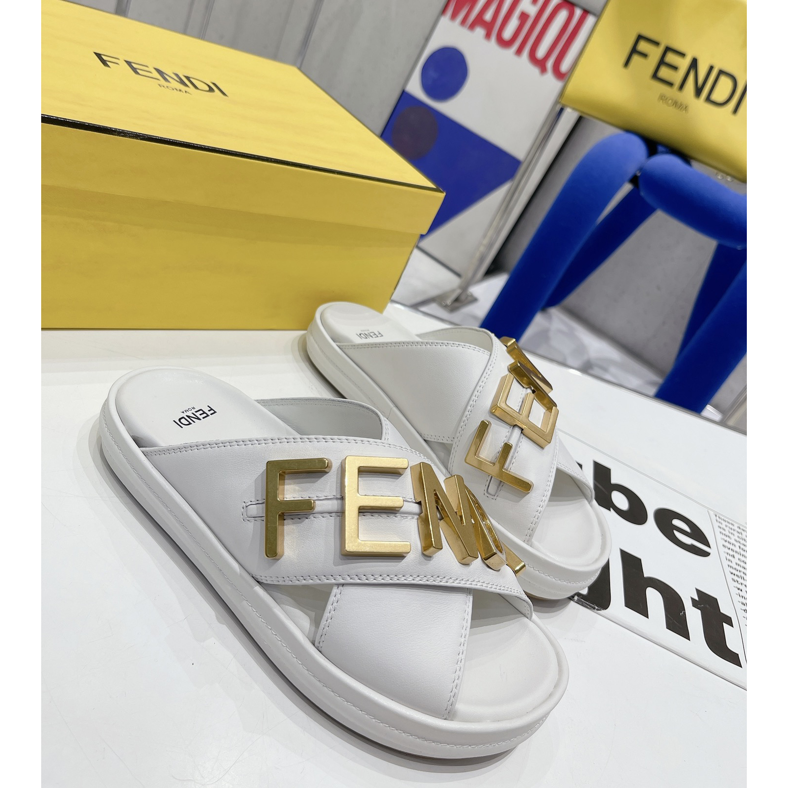 Fendi Graphy White Leather Slides - DopestKickz