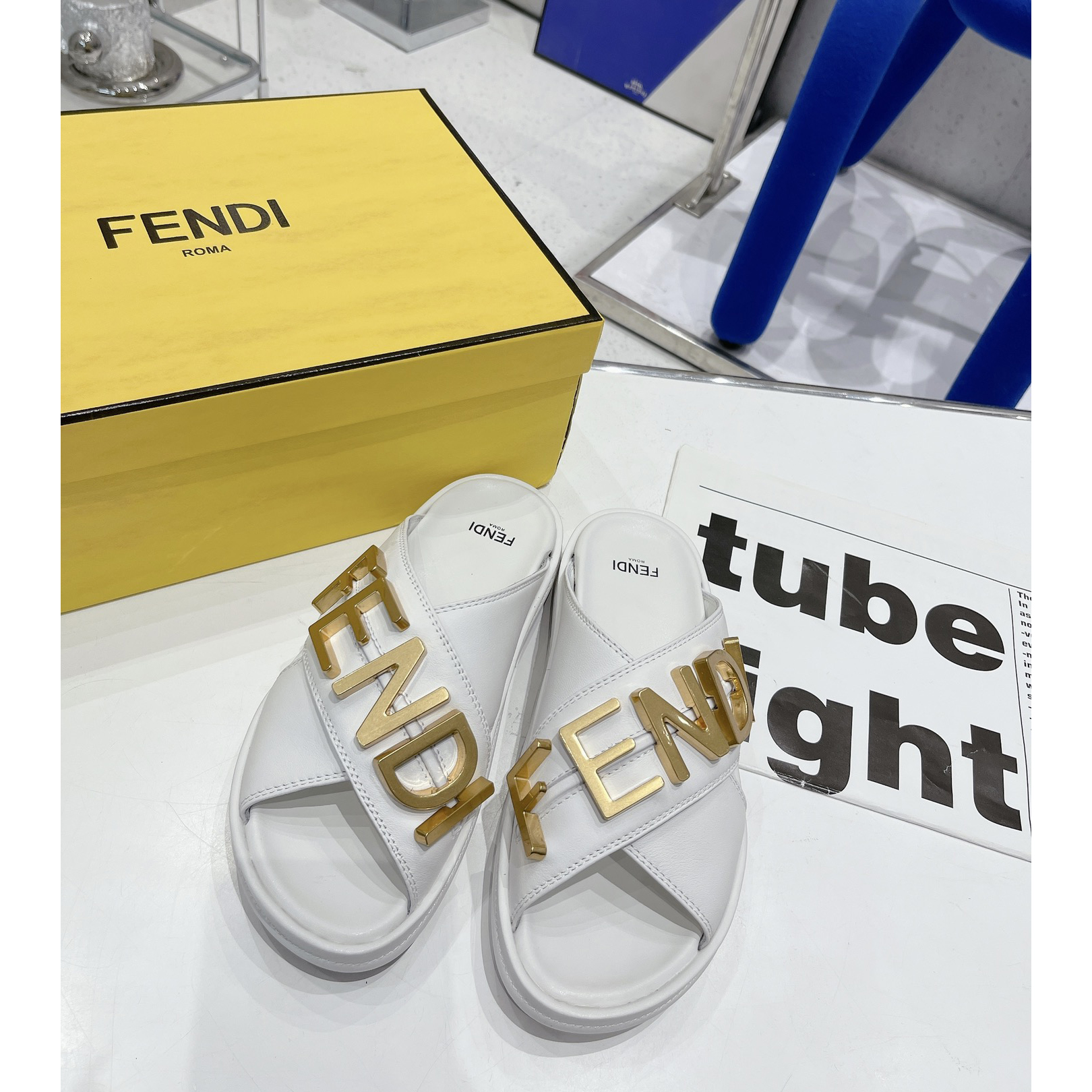 Fendi Graphy White Leather Slides - DopestKickz