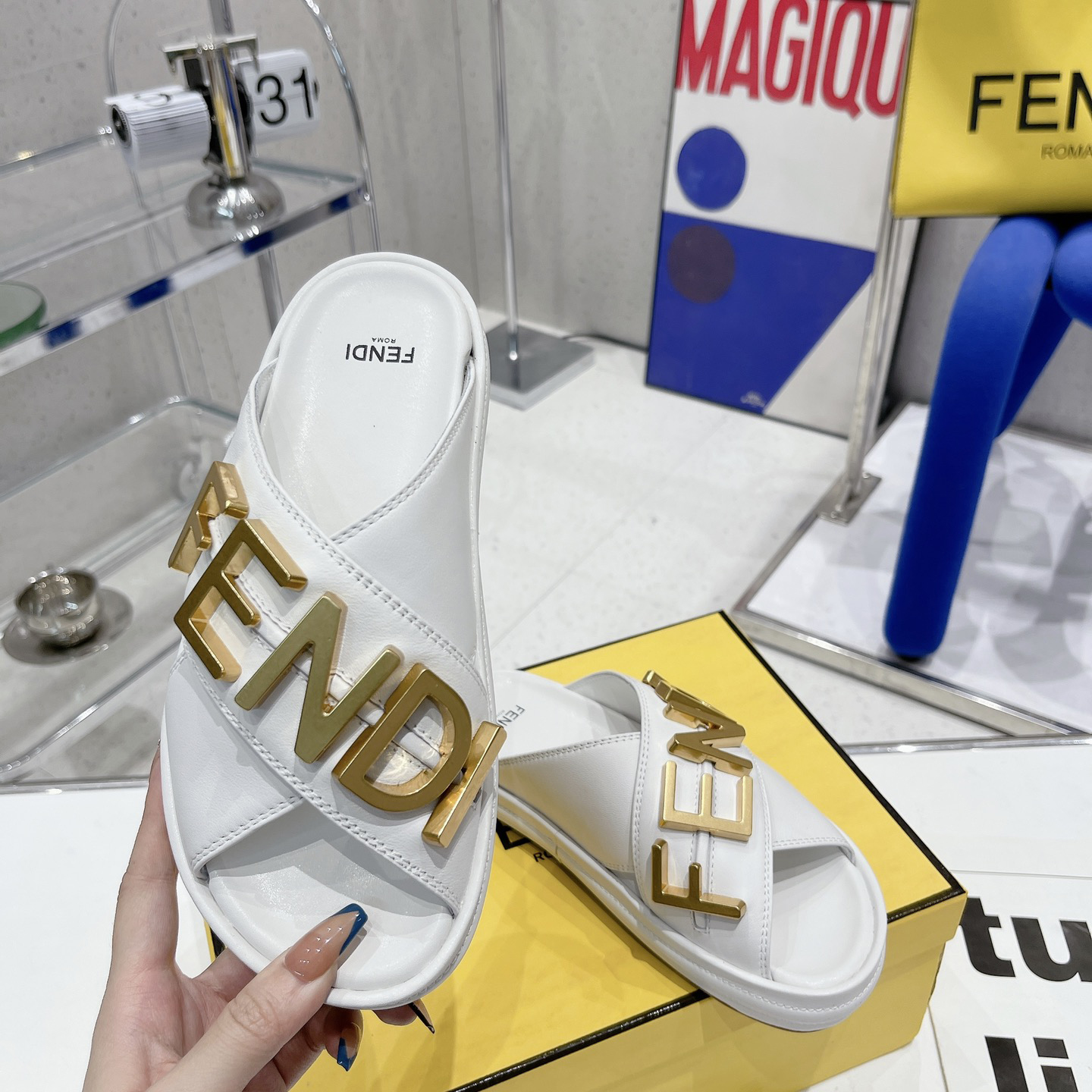 Fendi Graphy White Leather Slides - DopestKickz