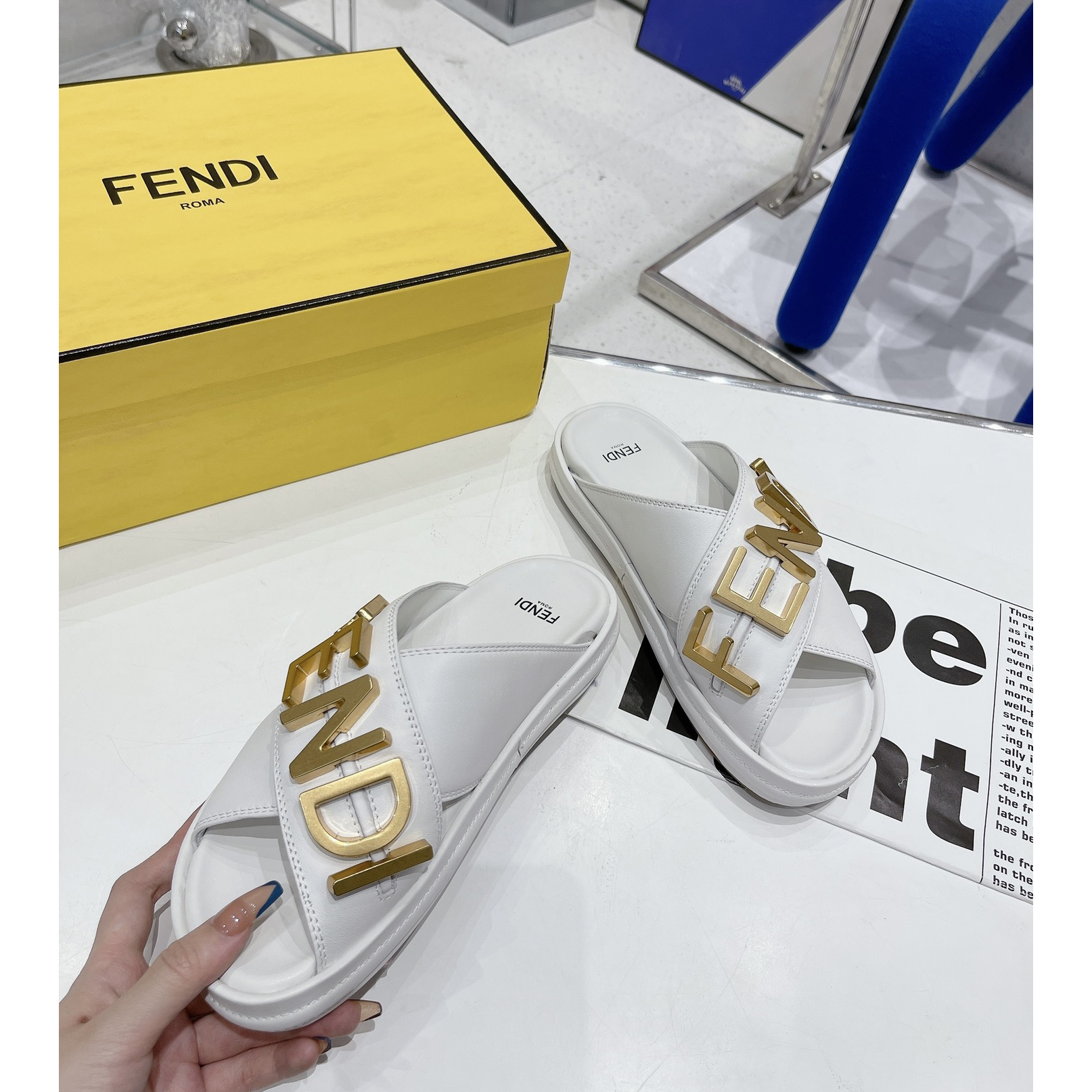 Fendi Graphy White Leather Slides - DopestKickz