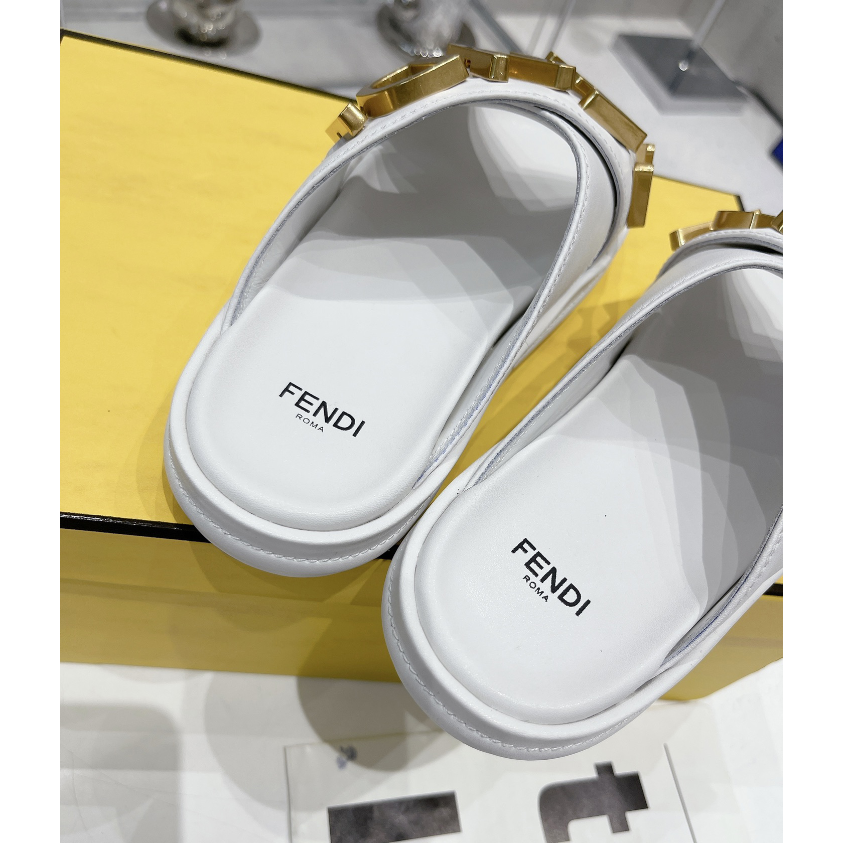Fendi Graphy White Leather Slides - DopestKickz